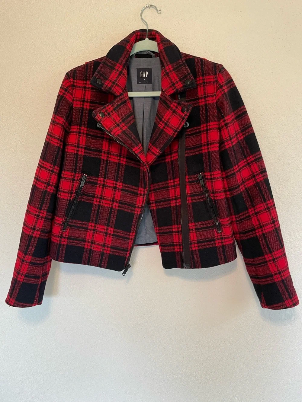 Gap Red Buffalo Plaid Wool Blend Moto Jacket Grunge Zip small